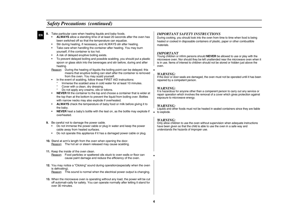 Samsung MW87L-S/BAL manual Important Safety Instructions 