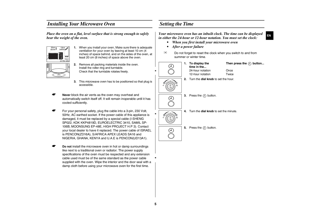 Samsung MW87L-S/BAL manual Installing Your Microwave Oven Setting the Time, To display Then press 