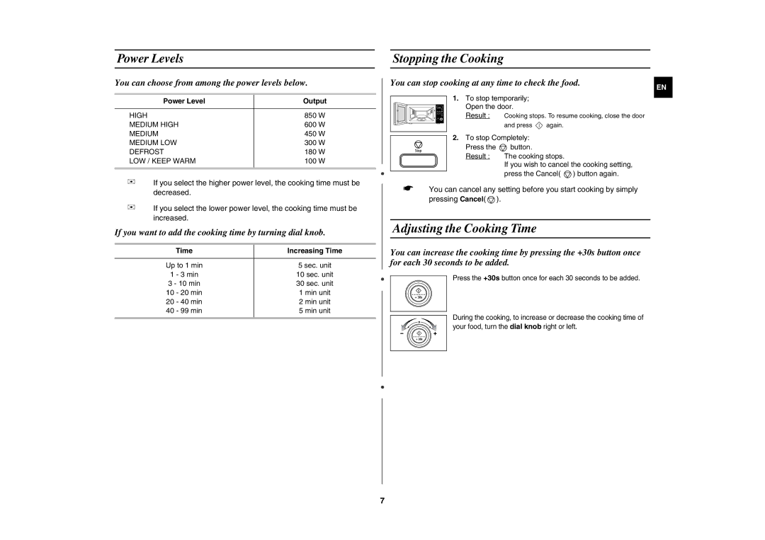 Samsung MW87L-S/BAL manual Power Levels, Stopping the Cooking, Adjusting the Cooking Time, Power Level Output 