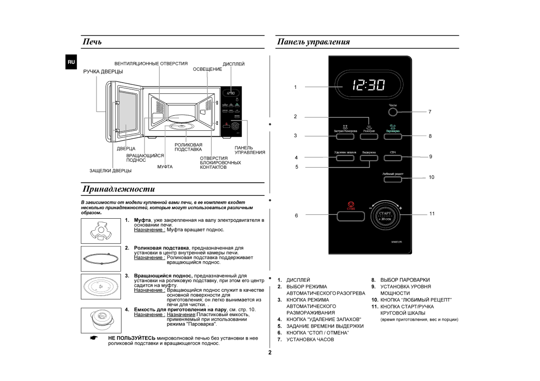 Samsung MW87LPR-S/BWT manual Принадлежности, Печь, Панель управления, Вращающийся поднос 