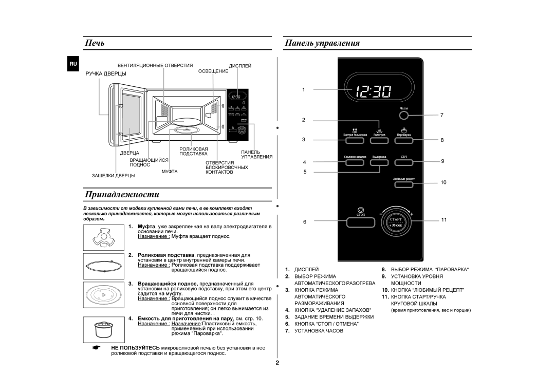 Samsung MW87LR-S/BWT, MW87LR-S/SBW manual Принадлежности, Печь Панель управления 