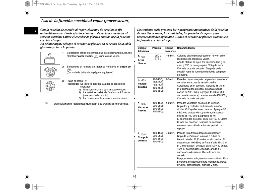 Samsung MW87W-S/XEC manual Uso de la función cocción al vapor power steam 
