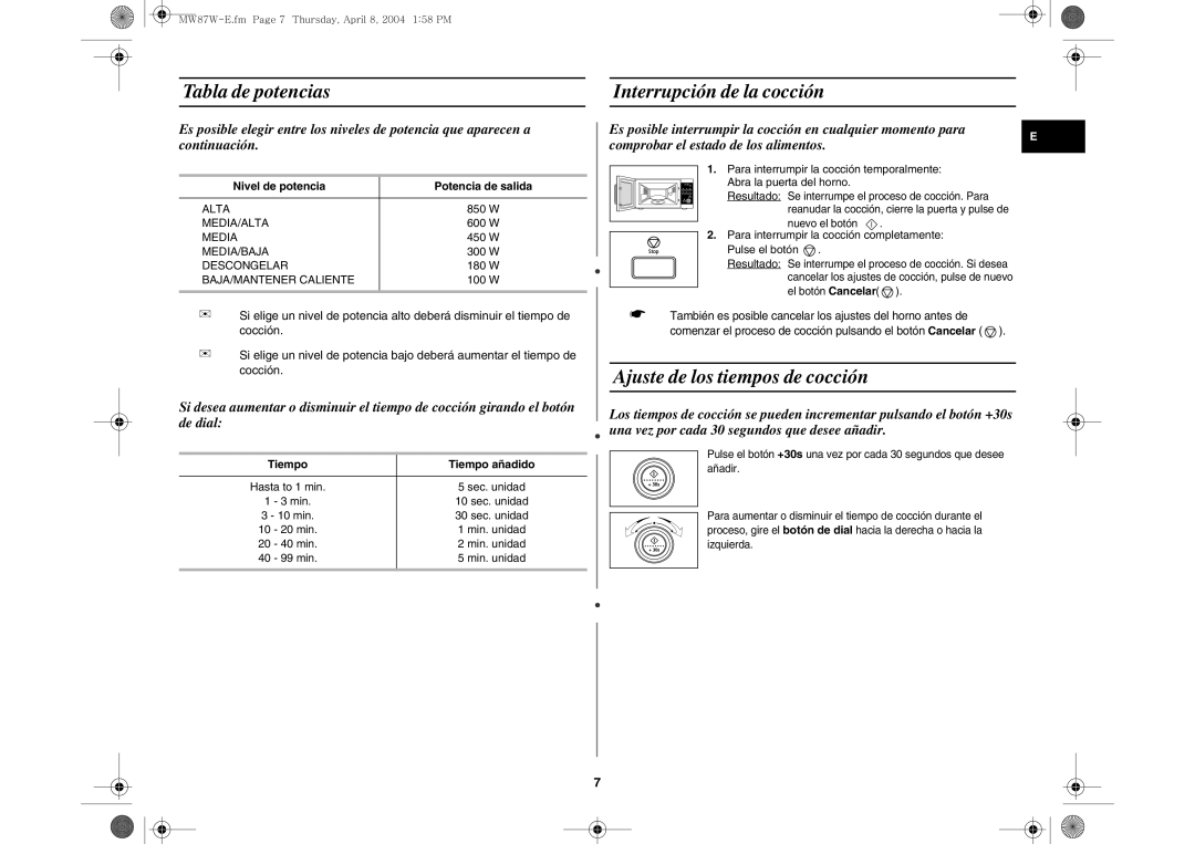 Samsung MW87W-S/XEC Tabla de potencias Interrupción de la cocción, Ajuste de los tiempos de cocción, Tiempo Tiempo añadido 