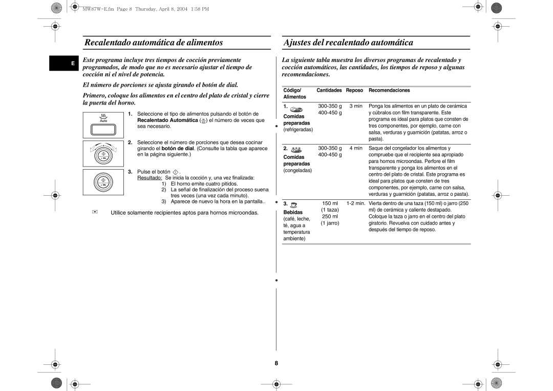 Samsung MW87W-S/XEC manual 150 ml, 250 ml 