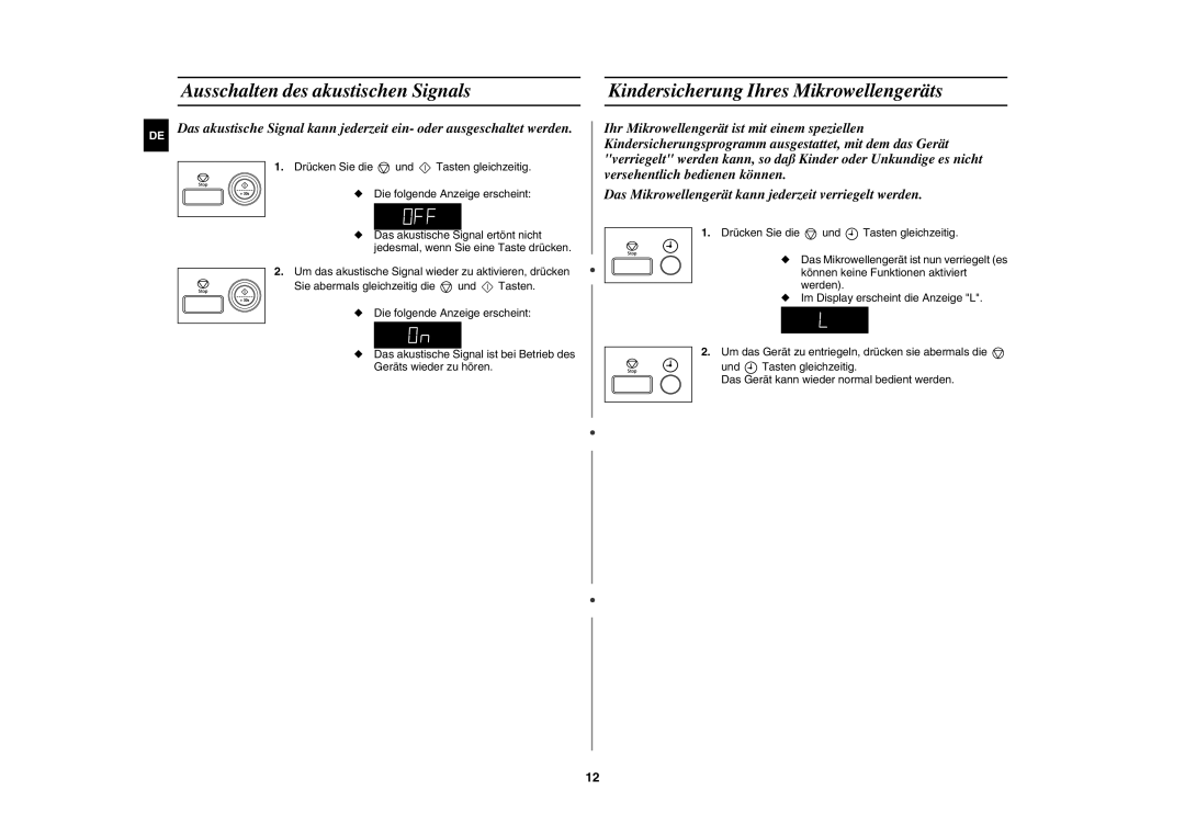 Samsung MW87W-S/XEG manual Ausschalten des akustischen Signals, Kindersicherung Ihres Mikrowellengeräts 