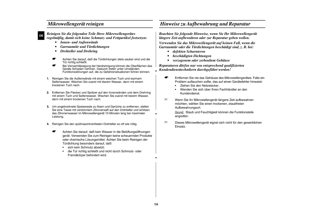 Samsung MW87W-S/XEG manual Mikrowellengerät reinigen, Hinweise zu Aufbewahrung und Reparatur 