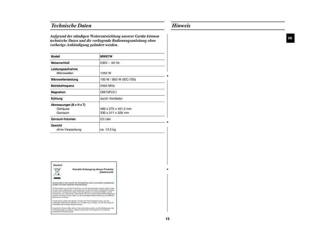 Samsung MW87W-S/XEG manual Technische Daten Hinweis 