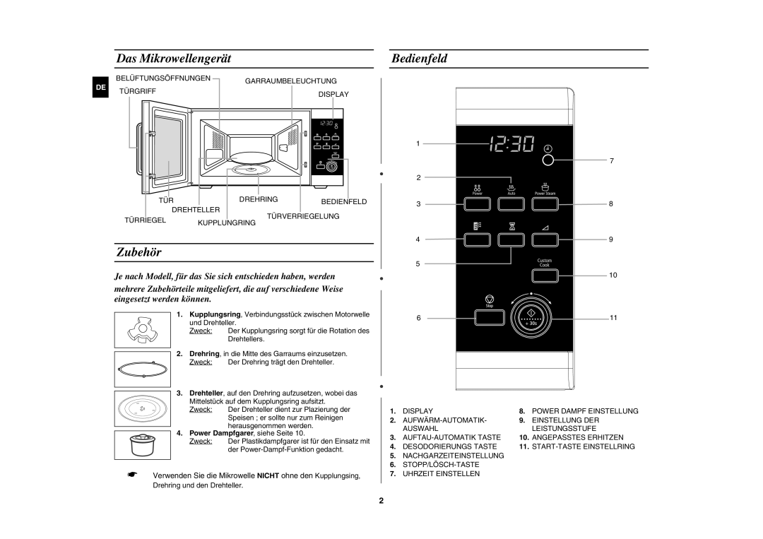 Samsung MW87W-S/XEG manual Das Mikrowellengerät, Zubehör, Bedienfeld, Power Dampfgarer , siehe Seite 