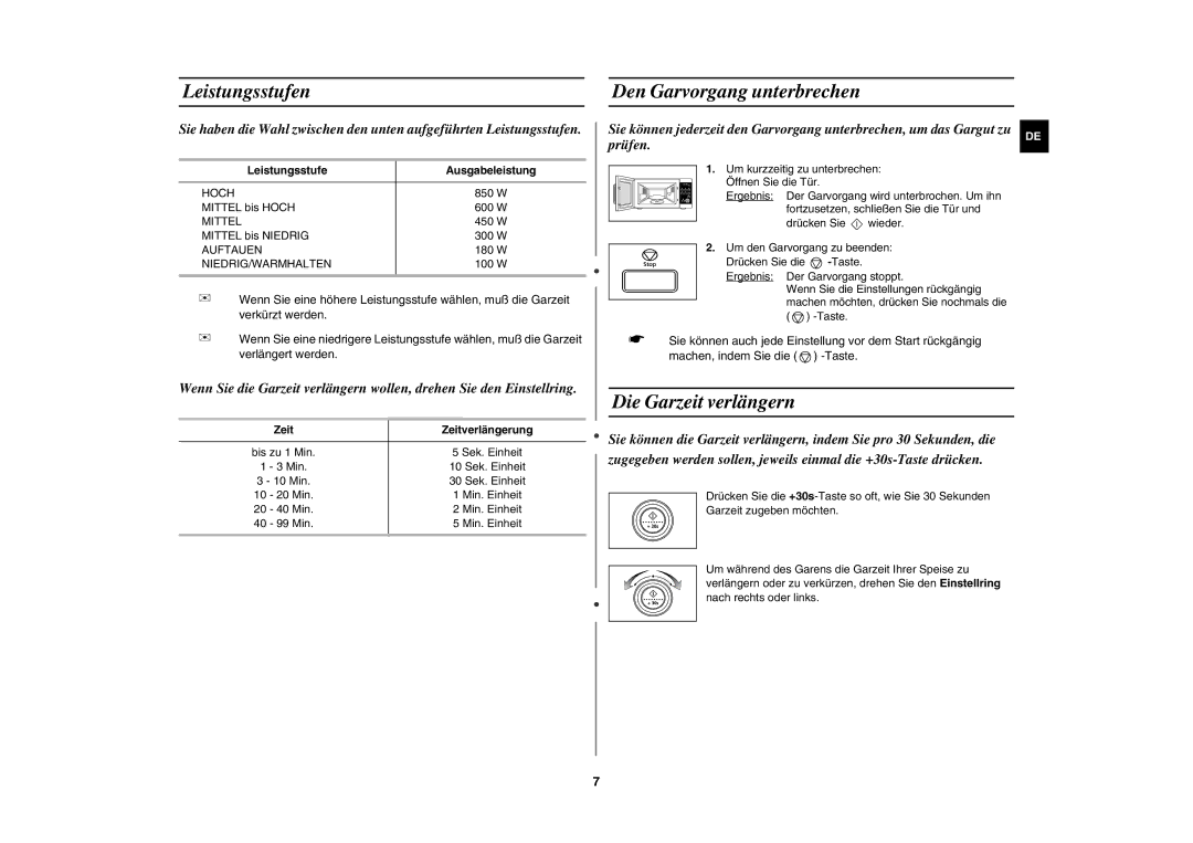 Samsung MW87W-S/XEG Leistungsstufen, Den Garvorgang unterbrechen, Die Garzeit verlängern, Leistungsstufe Ausgabeleistung 