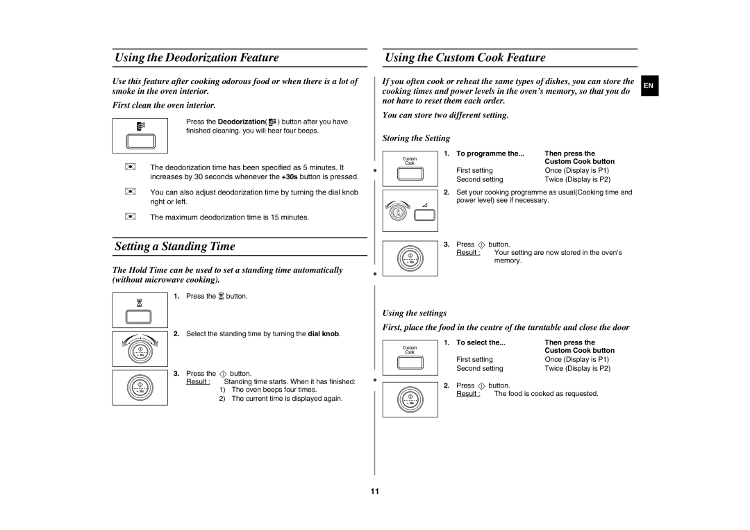 Samsung MW87W/XEH, MW87W-S/XEH Using the Deodorization Feature, Using the Custom Cook Feature, Setting a Standing Time 