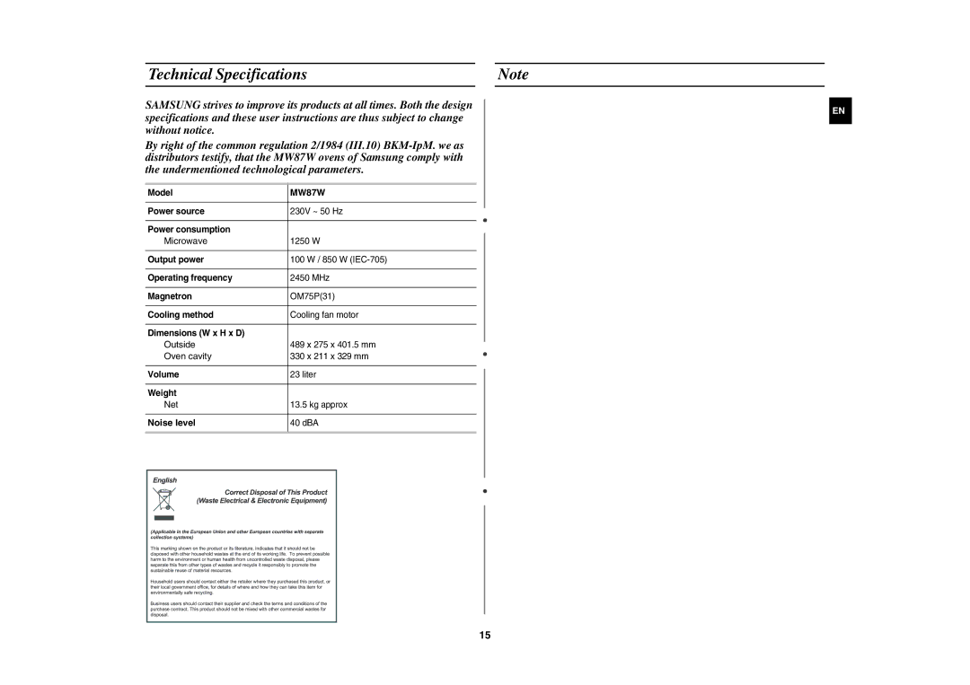 Samsung MW87W/XEH, MW87W-S/XEH manual Technical Specifications, Noise level 