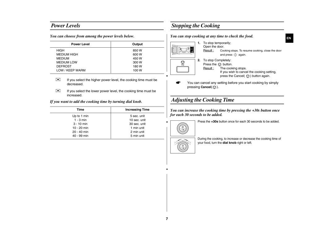 Samsung MW87W/XEH Power Levels, Stopping the Cooking, Adjusting the Cooking Time, Power Level Output, Time Increasing Time 