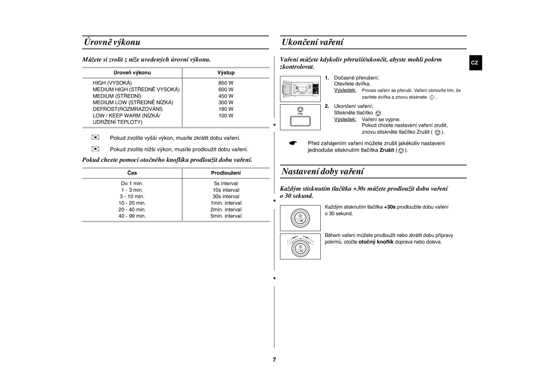Samsung MW87W/XEH manual Úrovně výkonu, Ukončení vaření, Nastavení doby vaření, Úroveň výkonu Výstup, Čas Prodloužení 