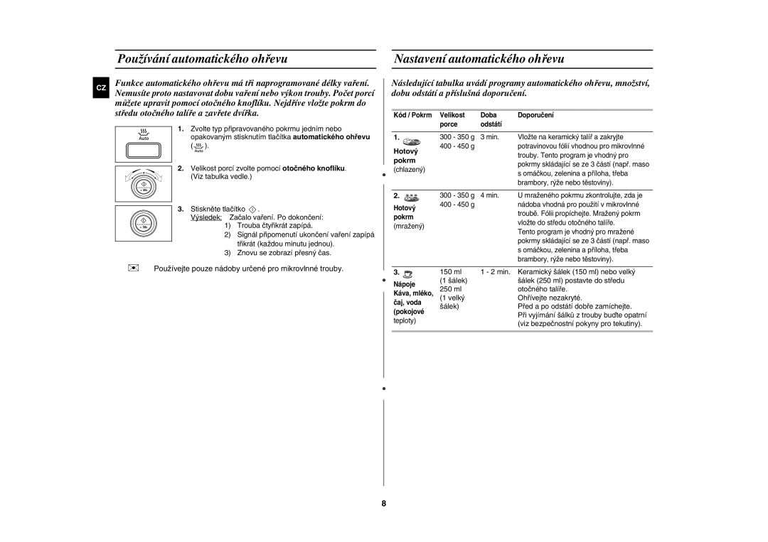 Samsung MW87W-S/XEH, MW87W/XEH manual Používání automatického ohřevu, Nastavení automatického ohřevu, Hotový, Pokrm 