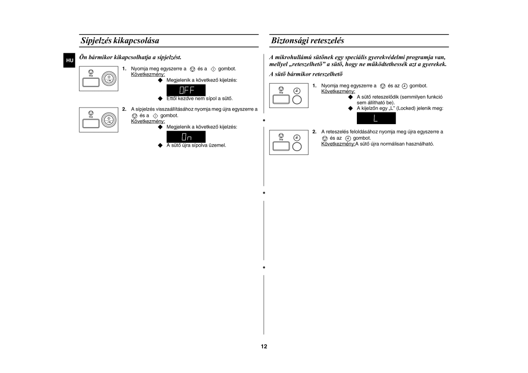 Samsung MW87W-S/XEH, MW87W/XEH manual Sípjelzés kikapcsolása, Biztonsági reteszelés 