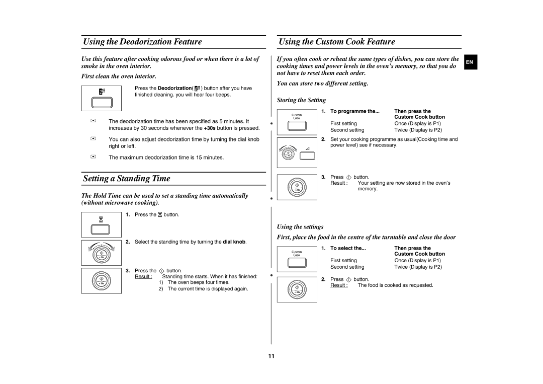Samsung MW87W/BAL manual Using the Deodorization Feature, Using the Custom Cook Feature, Setting a Standing Time 