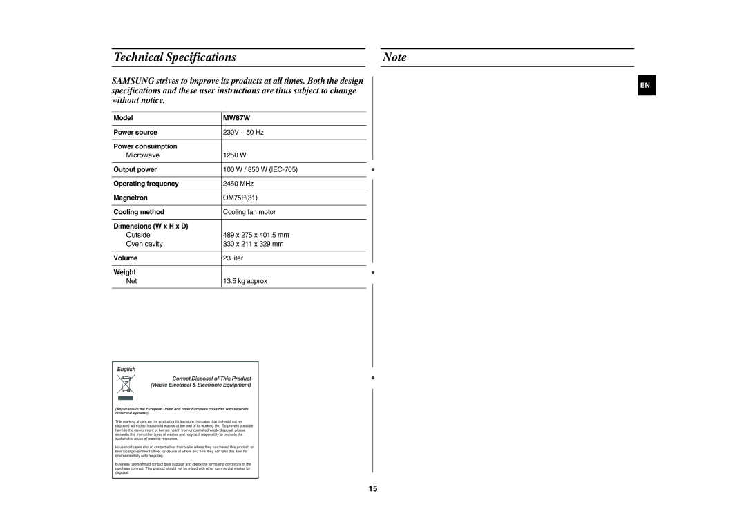 Samsung MW87W/BAL manual Technical Specifications 