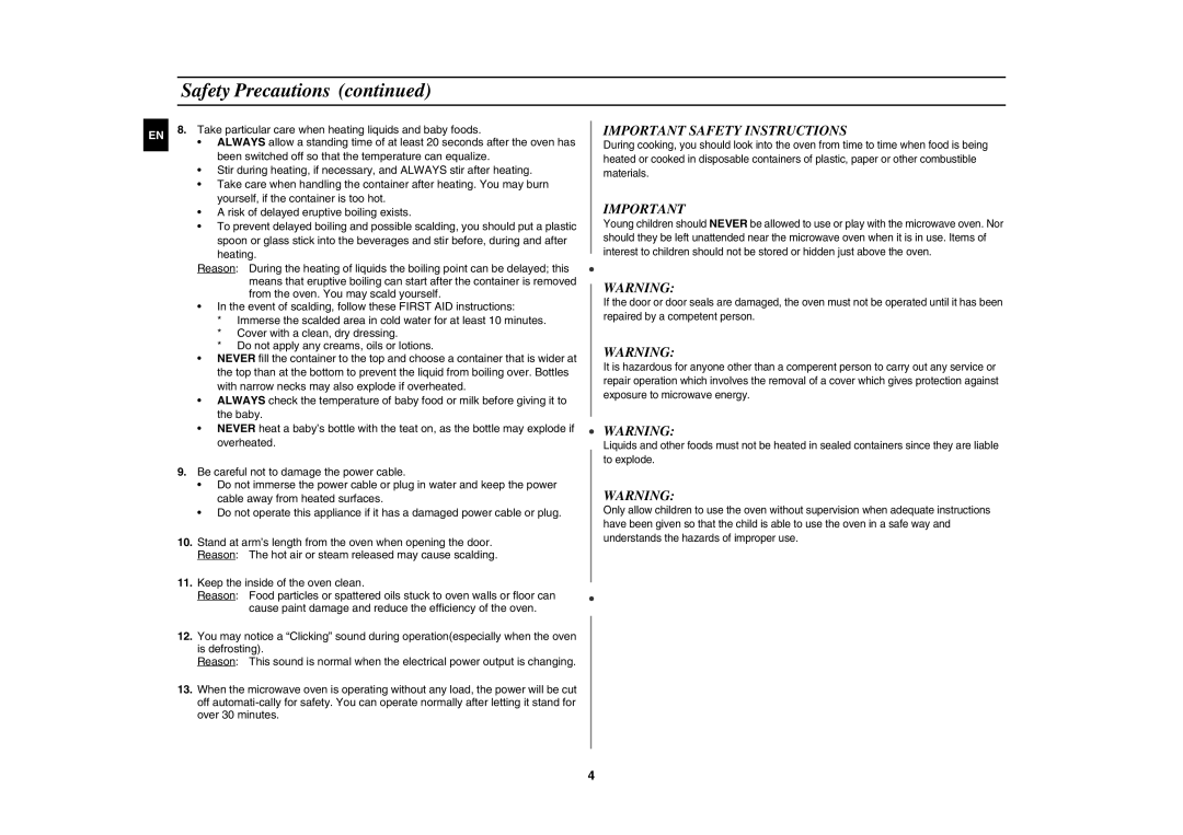 Samsung MW87W/BAL manual Important Safety Instructions 