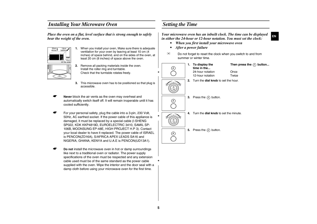 Samsung MW87W/BAL manual Installing Your Microwave Oven Setting the Time, To display Then press 