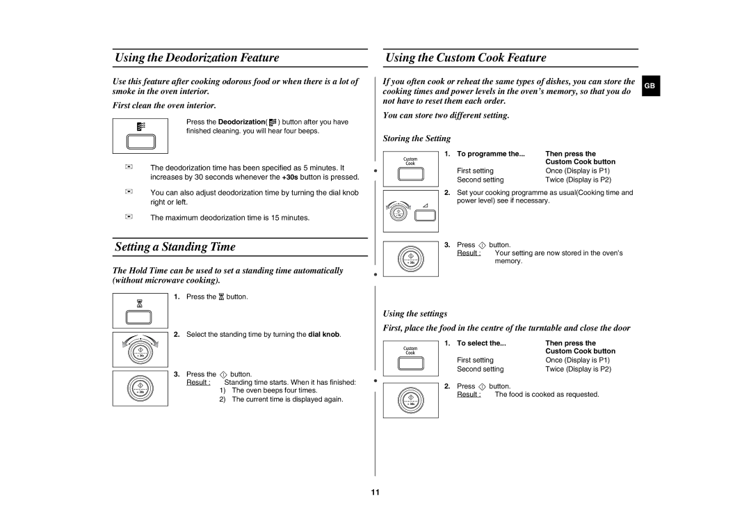 Samsung MW87W-S/ERP, MW87W/ERP Using the Deodorization Feature, Using the Custom Cook Feature, Setting a Standing Time 