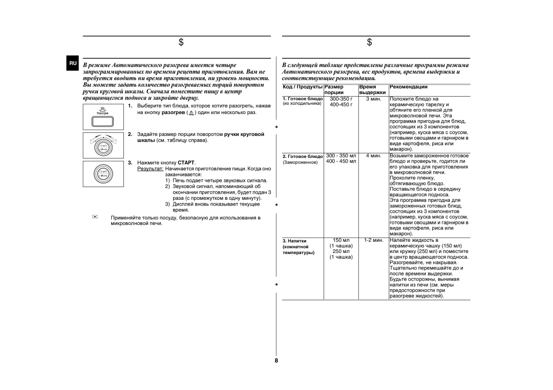 Samsung MW87WR-D/BWT manual Использование режима Автоматического разогрева, Параметры режима Автоматического разогрева 