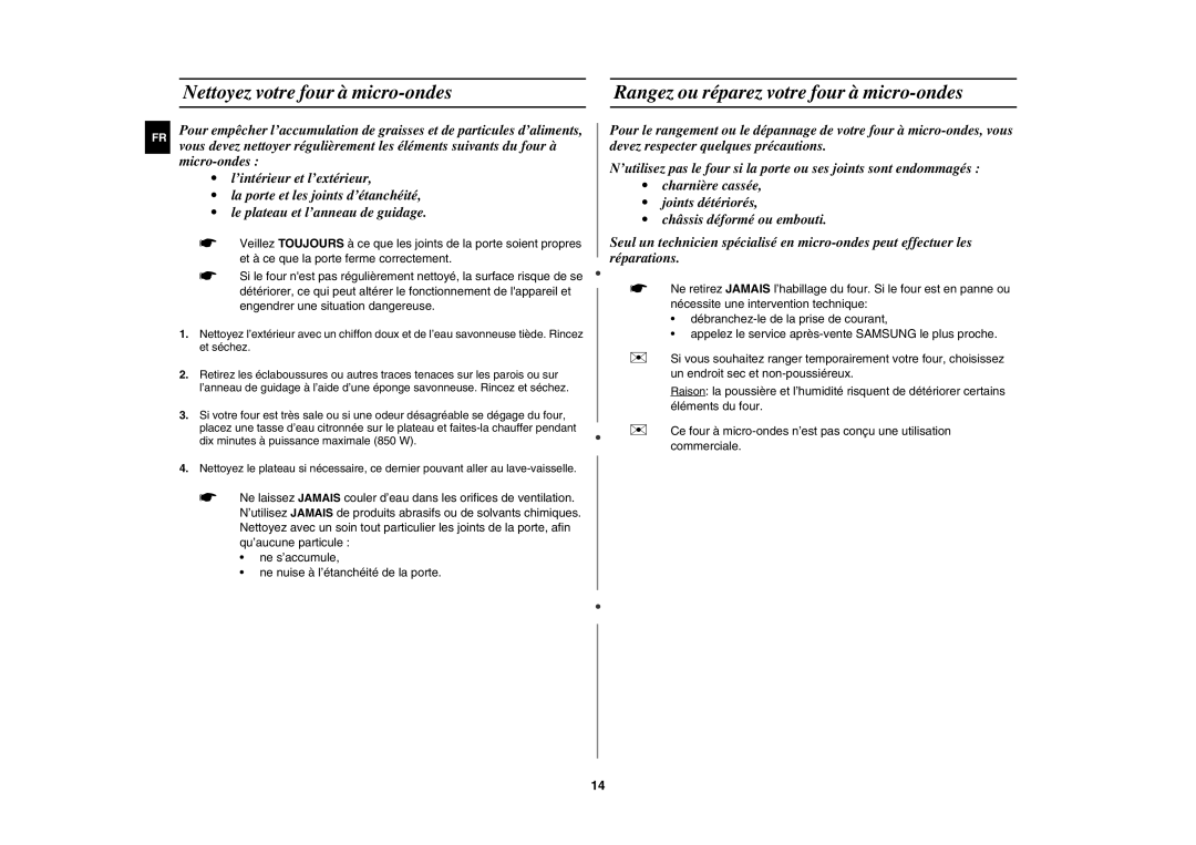 Samsung MW87W/XEF manual Nettoyez votre four à micro-ondes, Rangez ou réparez votre four à micro-ondes 