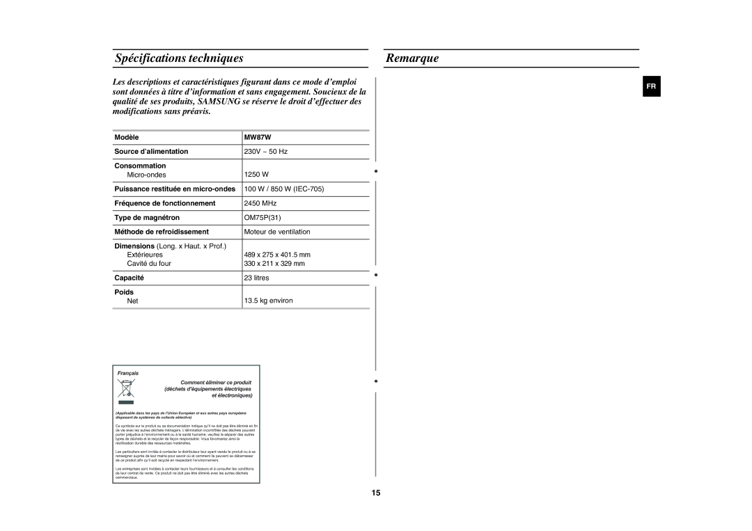 Samsung MW87W/XEF manual Spécifications techniques Remarque 