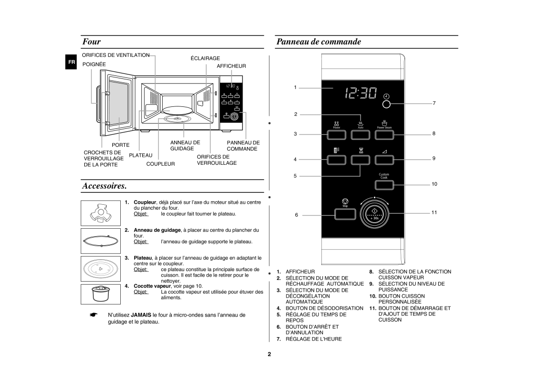 Samsung MW87W/XEF manual Four, Panneau de commande, Accessoires, Cocotte vapeur , voir 