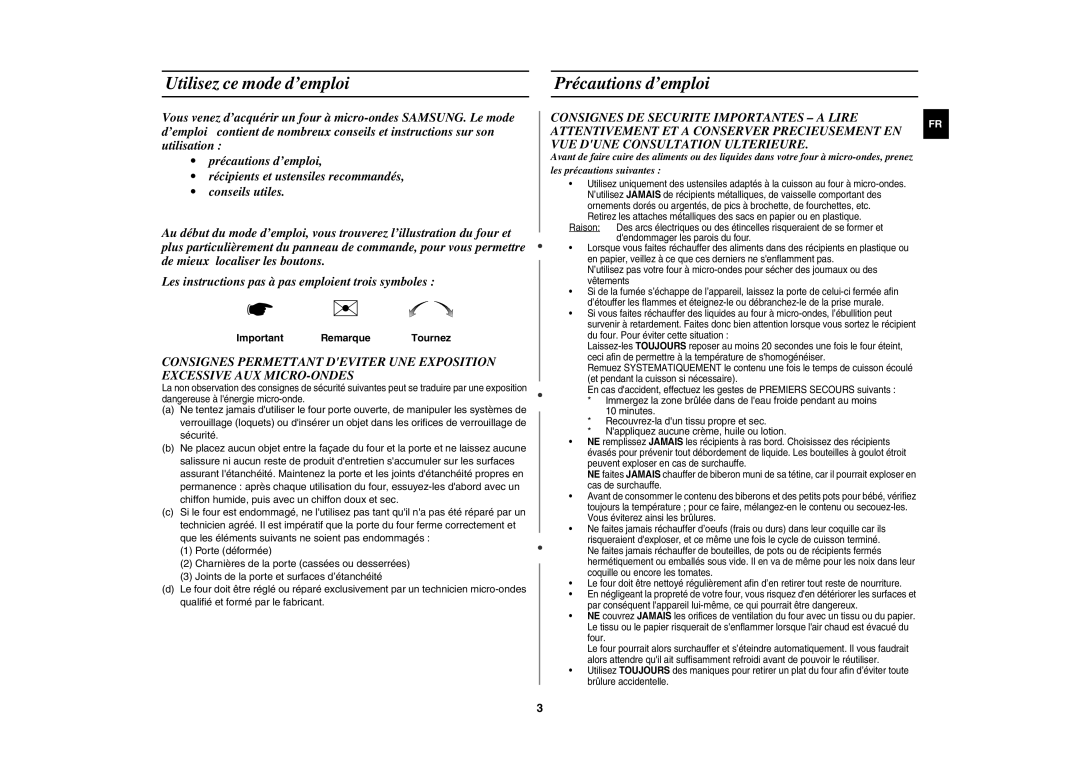 Samsung MW87W/XEF manual Utilisez ce mode d’emploi, Précautions d’emploi, Important Remarque Tournez 