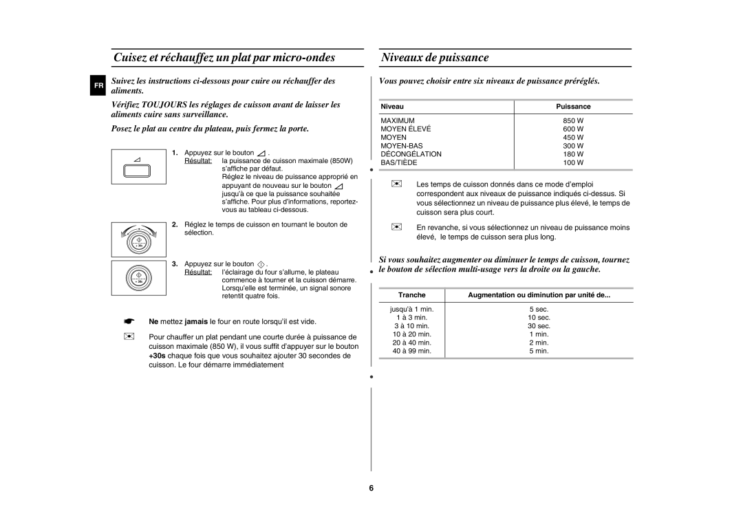 Samsung MW87W/XEF manual Niveaux de puissance, Niveau Puissance, Tranche Augmentation ou diminution par unité de 