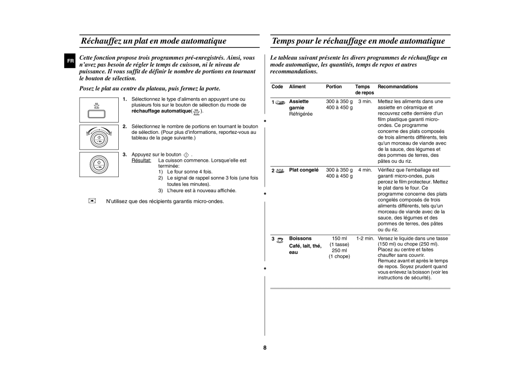Samsung MW87W/XEF manual Réchauffez un plat en mode automatique, Temps pour le réchauffage en mode automatique 