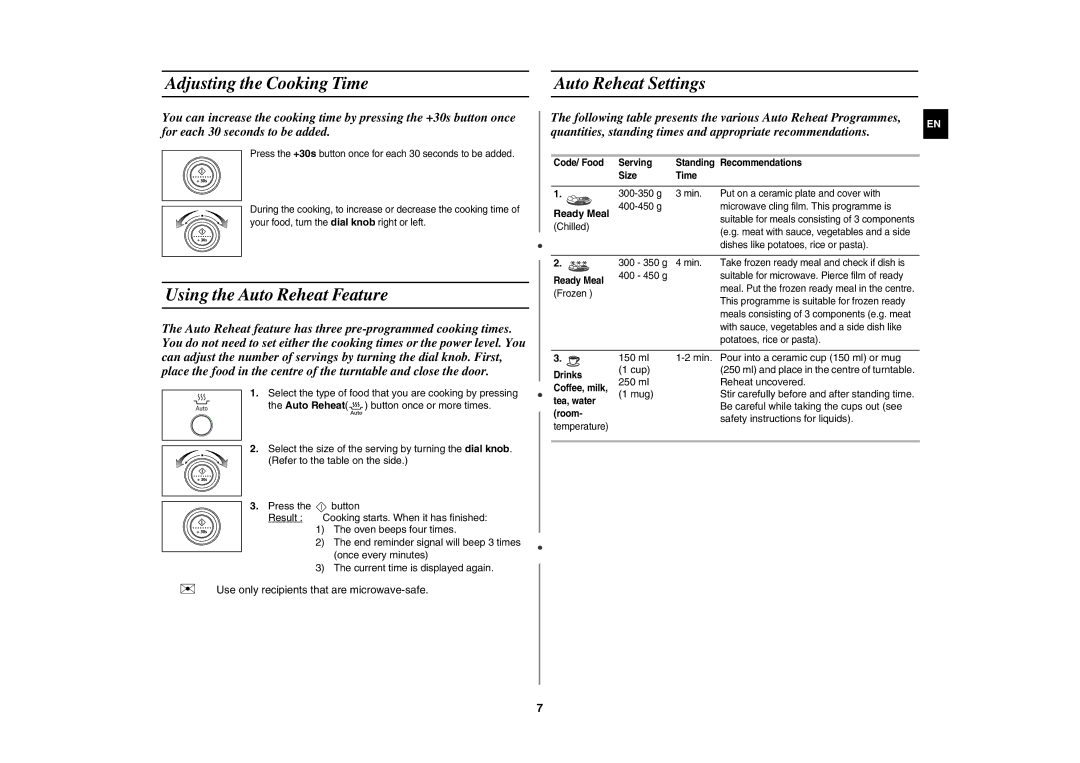 Samsung MW87Y-S/XEH manual Adjusting the Cooking Time, Using the Auto Reheat Feature, Auto Reheat Settings, Ready Meal 