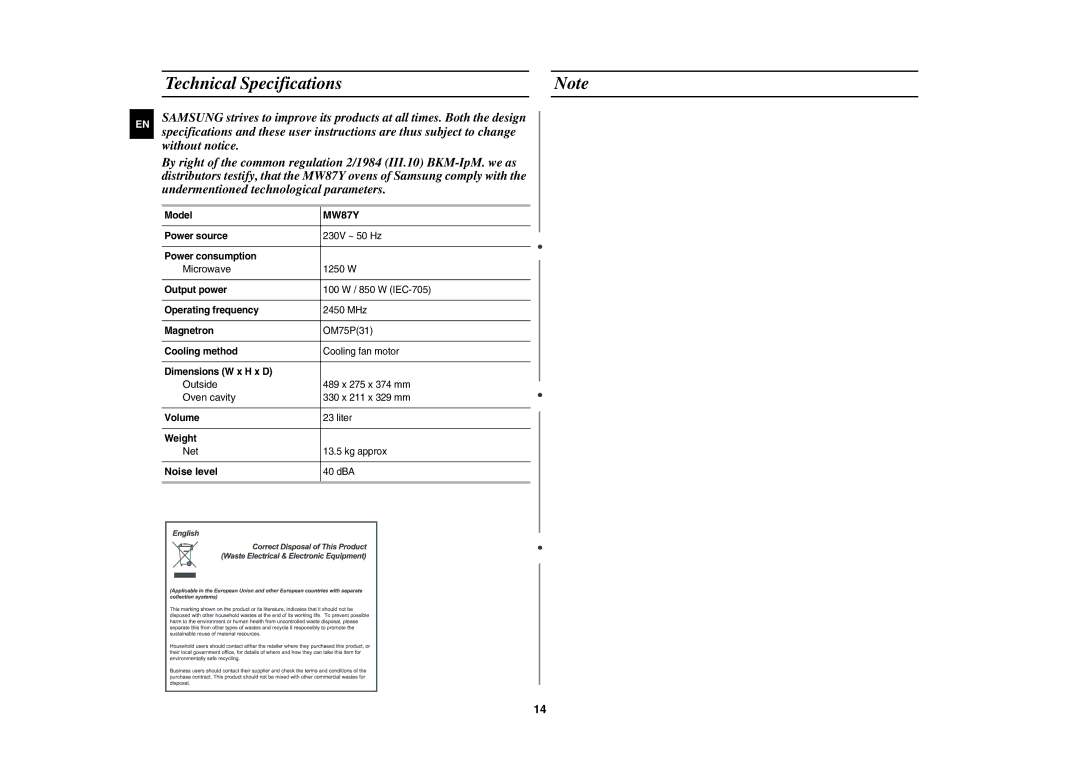 Samsung MW87Y-S/XEH manual Technical Specifications, Noise level 