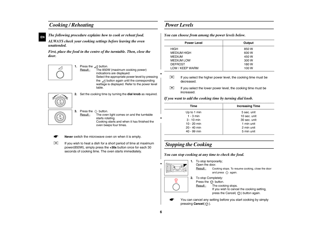 Samsung MW87Y-S/XEH manual Cooking / Reheating Power Levels, Stopping the Cooking, Power Level Output, Time Increasing Time 