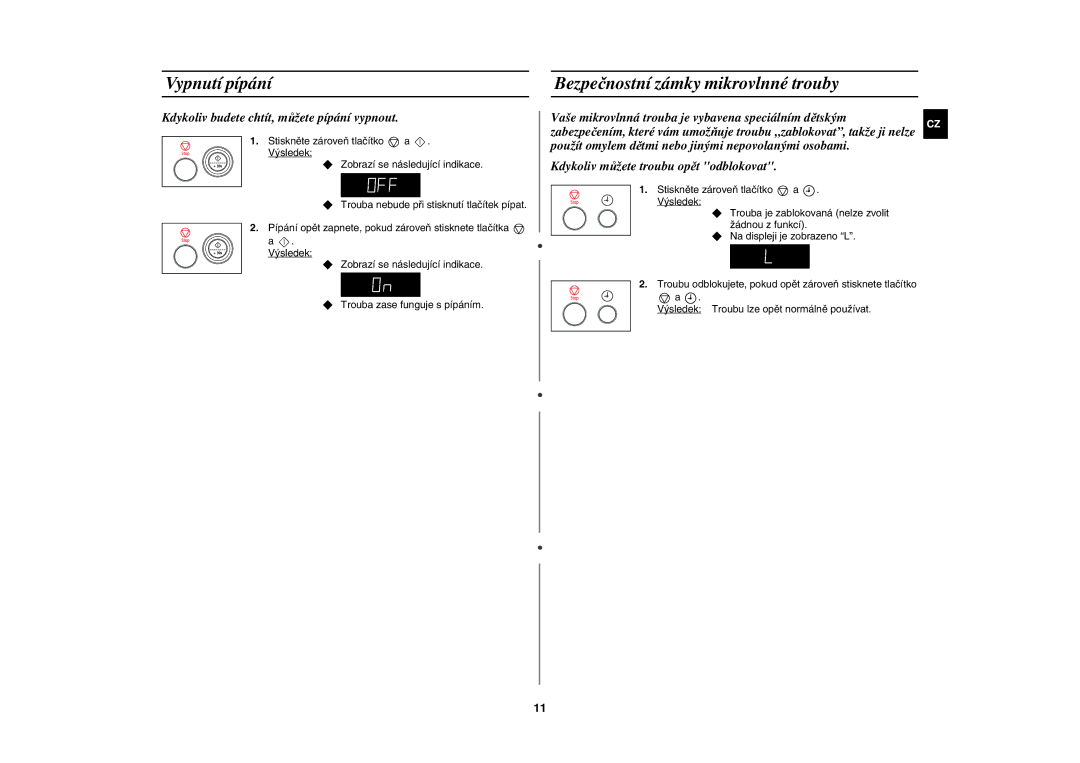 Samsung MW87Y-S/XEH manual Vypnutí pípání, Bezpečnostní zámky mikrovlnné trouby 