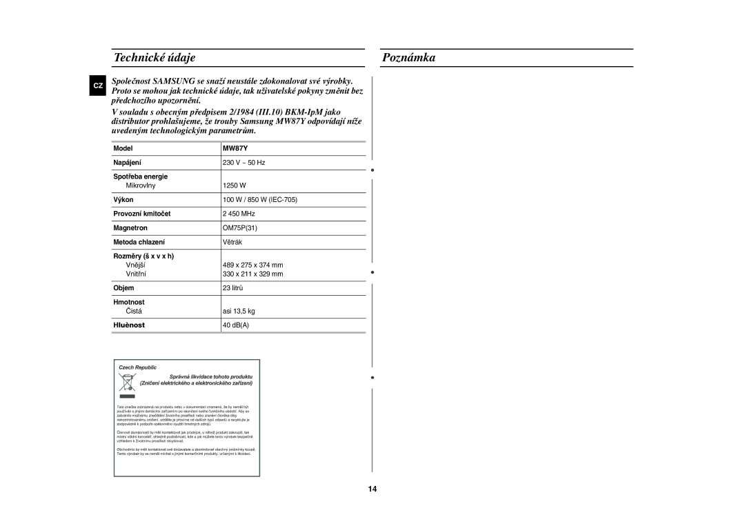 Samsung MW87Y-S/XEH manual Technické údaje Poznámka 