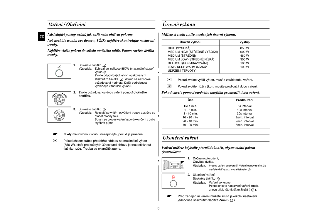 Samsung MW87Y-S/XEH manual Vaření / Ohřívání, Úrovně výkonu, Ukončení vaření 