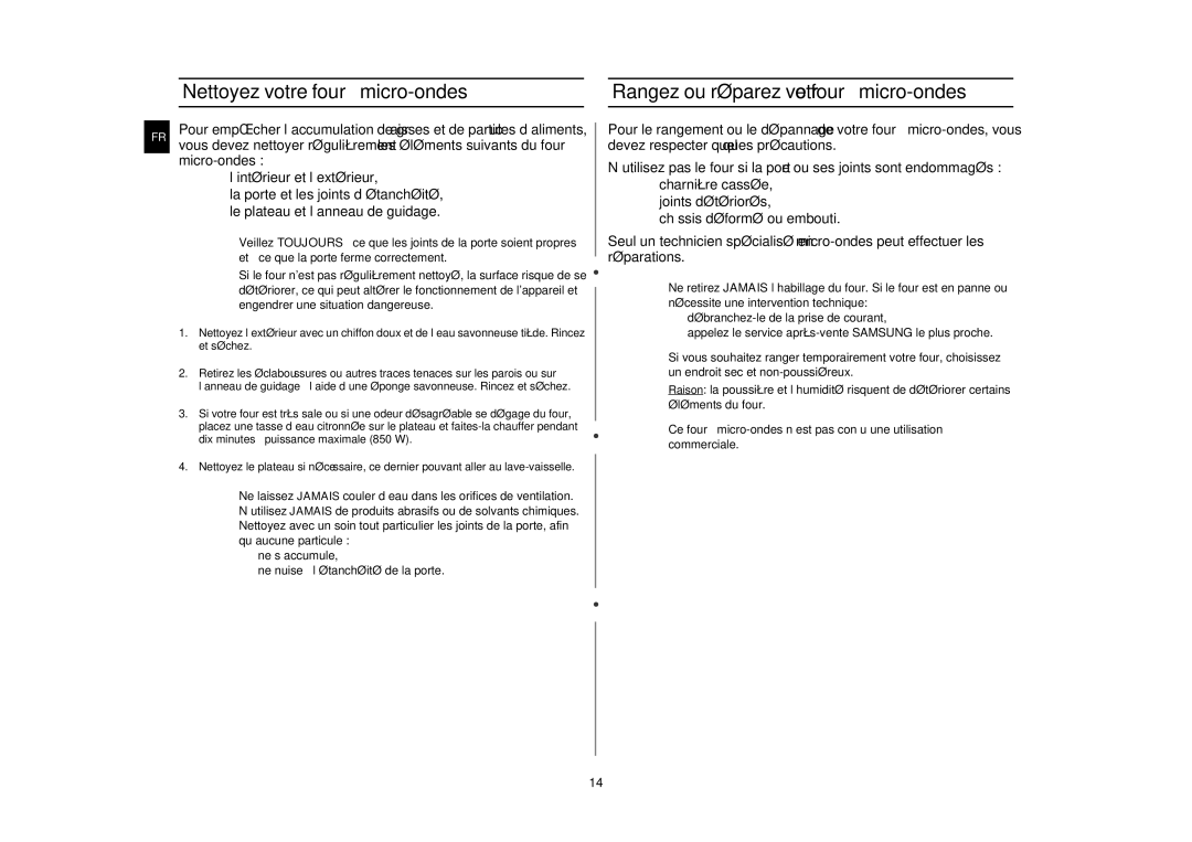 Samsung MW87Y/XEF manual Nettoyez votre four à micro-ondes, Rangez ou réparez votre four à micro-ondes 