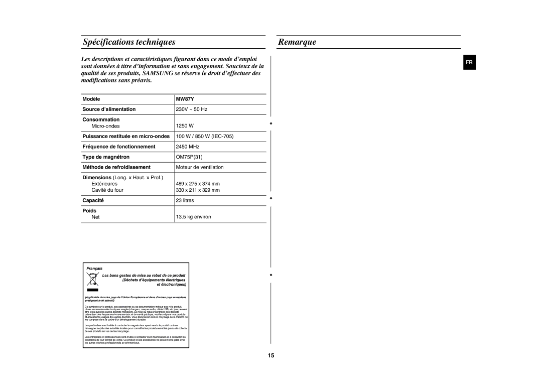 Samsung MW87Y/XEF manual Spécifications techniques Remarque 