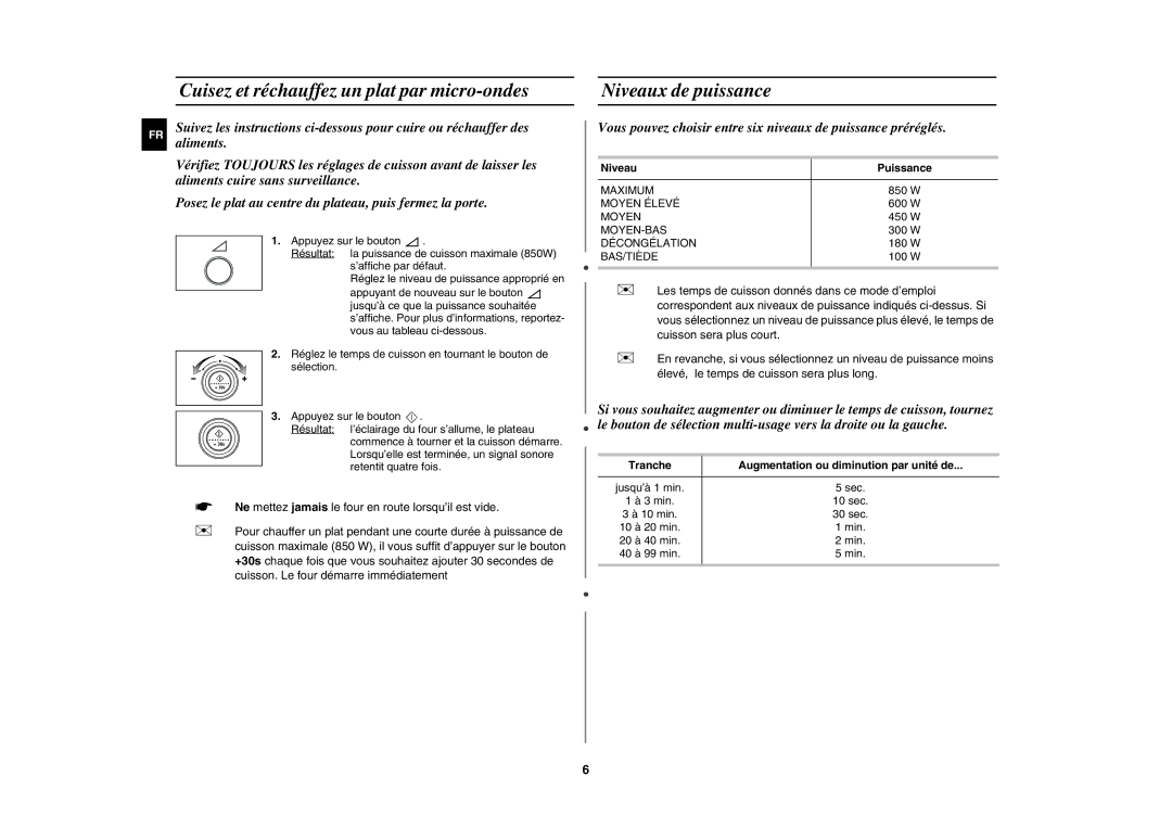 Samsung MW87Y/XEF manual Cuisez et réchauffez un plat par micro-ondes, Niveaux de puissance, Niveau Puissance 