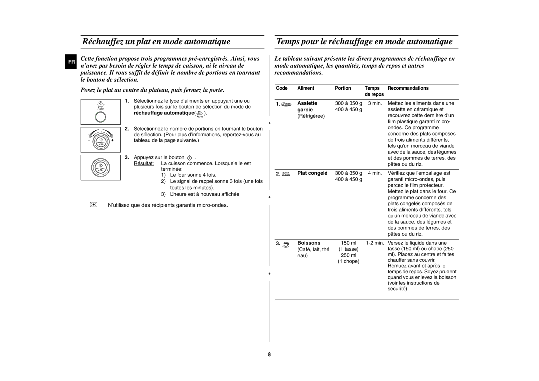 Samsung MW87Y/XEF manual Réchauffez un plat en mode automatique, Temps pour le réchauffage en mode automatique 