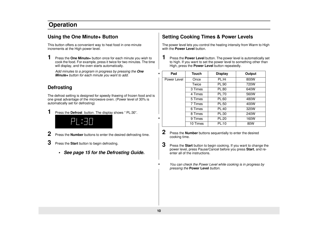 Samsung MW888STB Using the One Minute+ Button, Defrosting, Setting Cooking Times & Power Levels, Pad Touch Display Output 