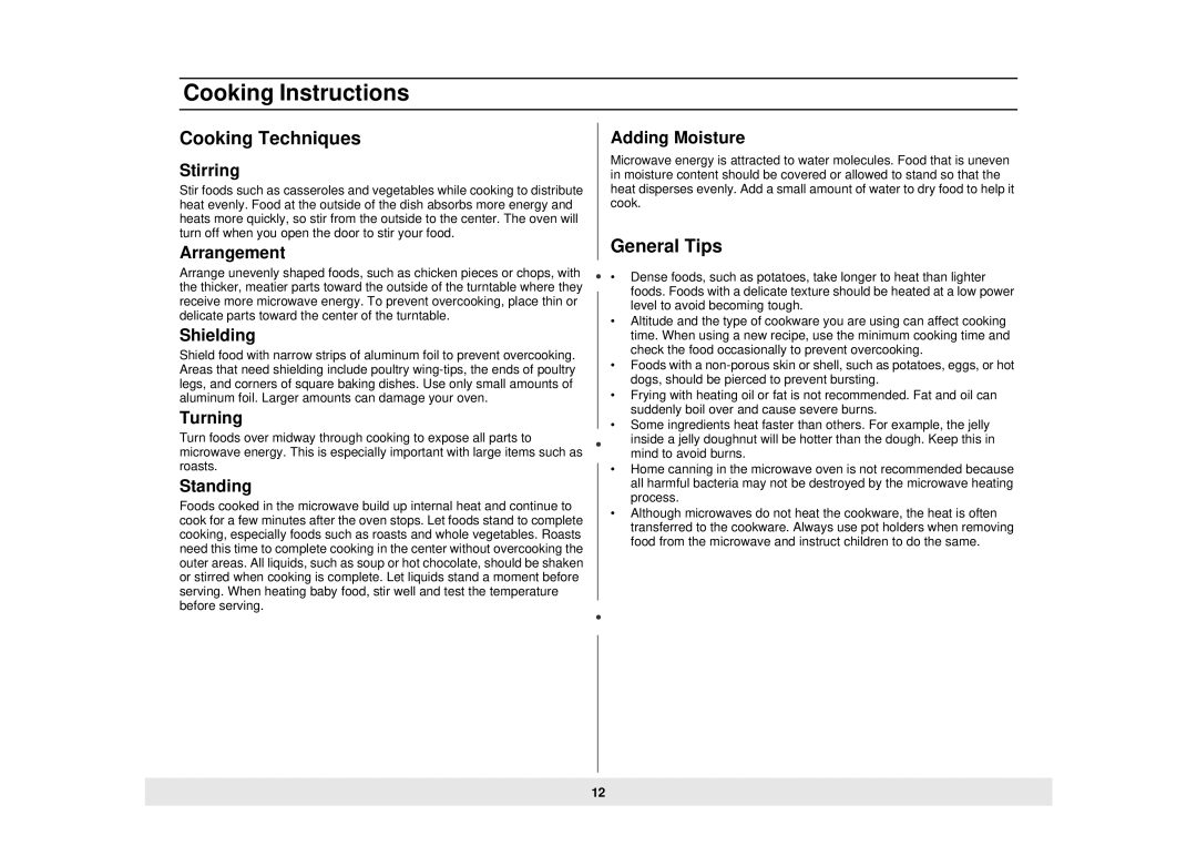 Samsung MW888STB owner manual Cooking Techniques, General Tips 