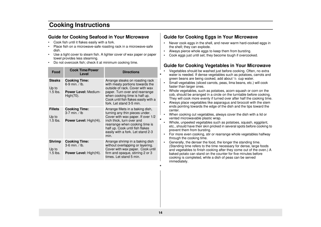 Samsung MW888STB owner manual Guide for Cooking Seafood in Your Microwave, Guide for Cooking Eggs in Your Microwave 