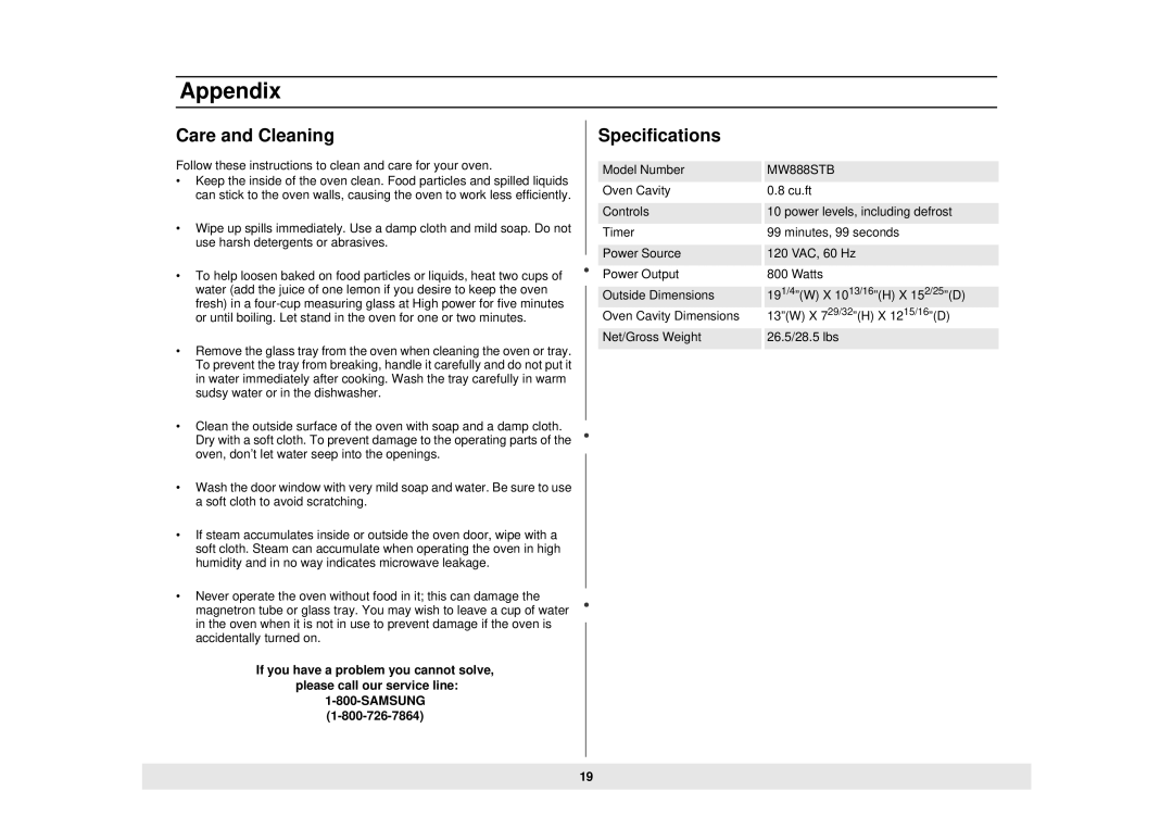 Samsung MW888STB owner manual Care and Cleaning, Specifications 