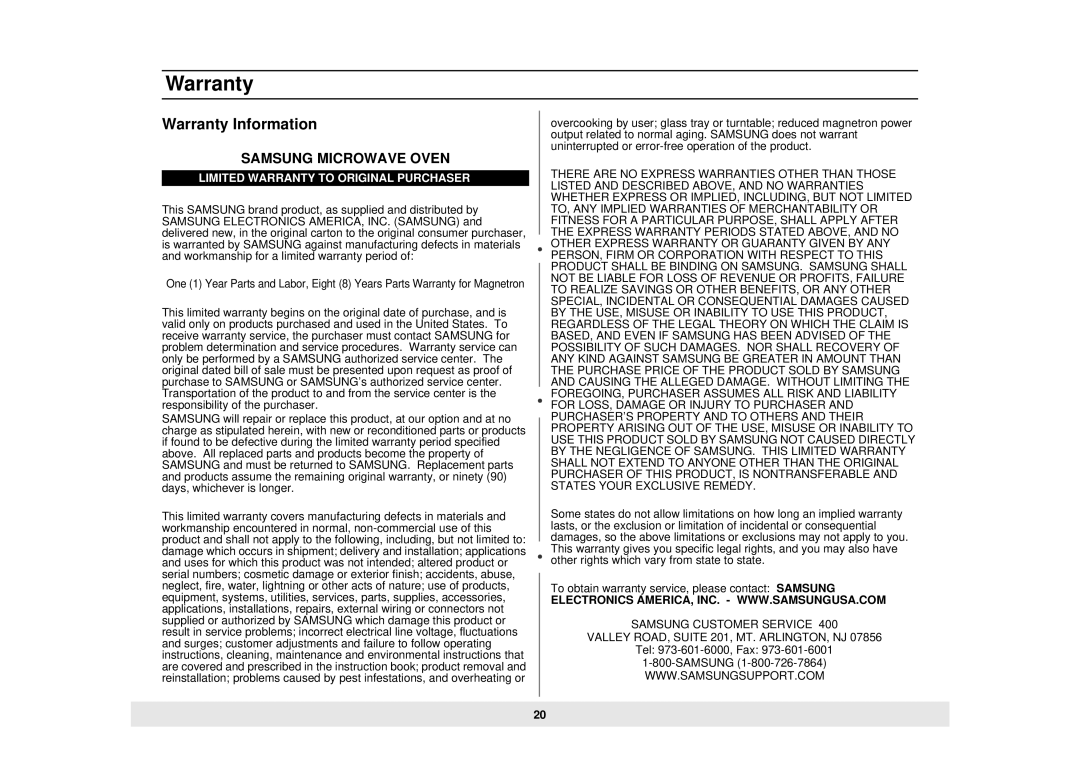 Samsung MW888STB owner manual Warranty Information 