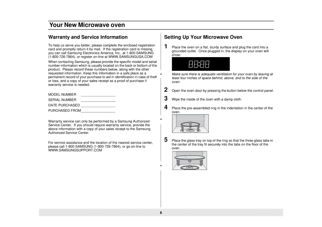 Samsung MW888STB owner manual Warranty and Service Information, Model Number Serial Number 