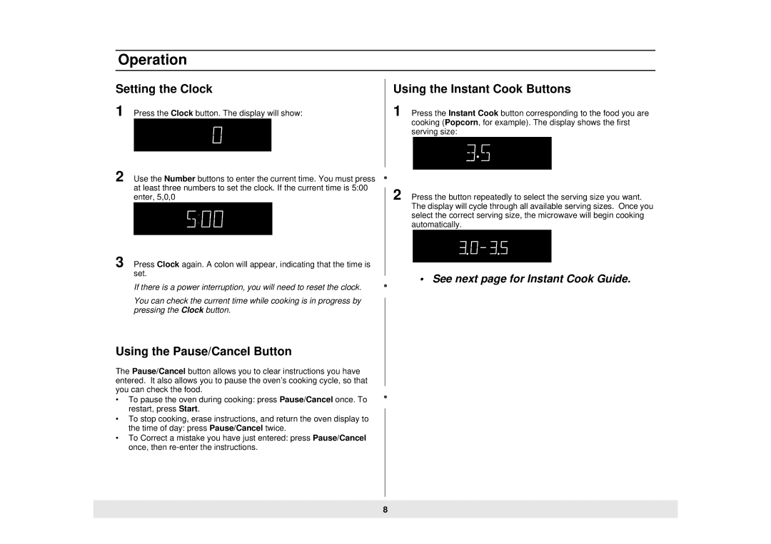 Samsung MW888STB owner manual Operation, Setting the Clock, Using the Instant Cook Buttons, Using the Pause/Cancel Button 