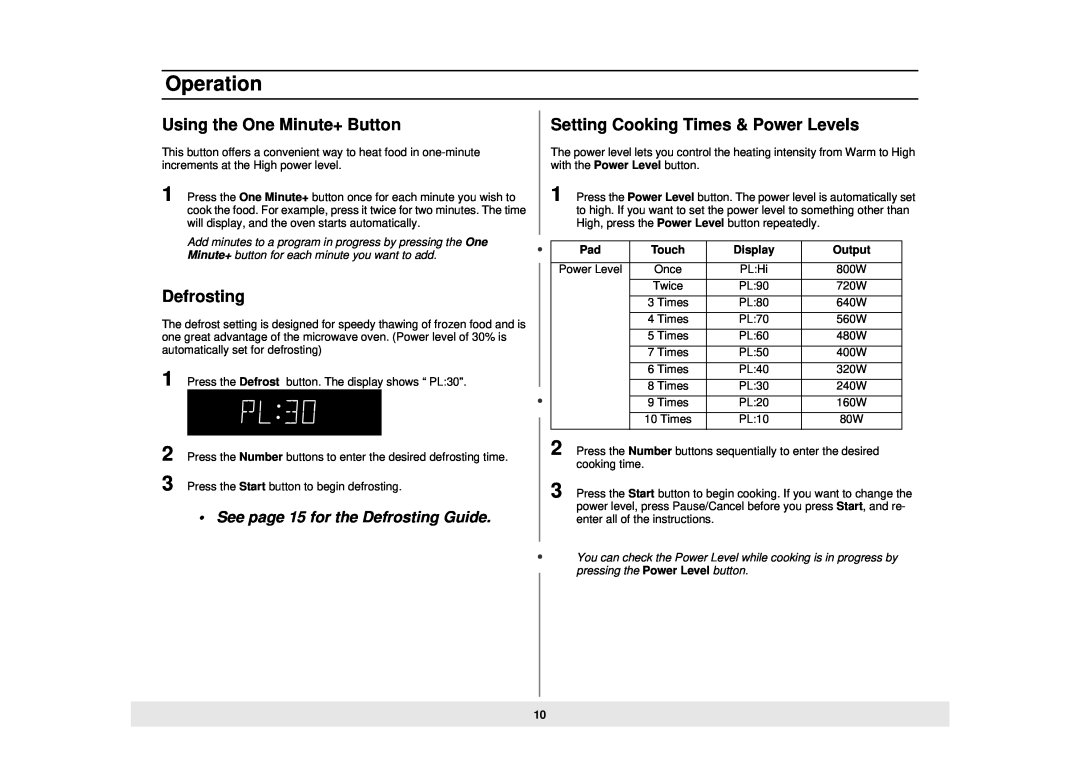 Samsung MW888STB owner manual Using the One Minute+ Button, Defrosting, Setting Cooking Times & Power Levels, Operation 