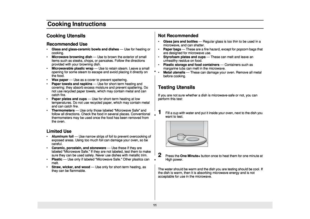 Samsung MW888STB Cooking Instructions, Cooking Utensils, Testing Utensils, Recommended Use, Limited Use, Not Recommended 